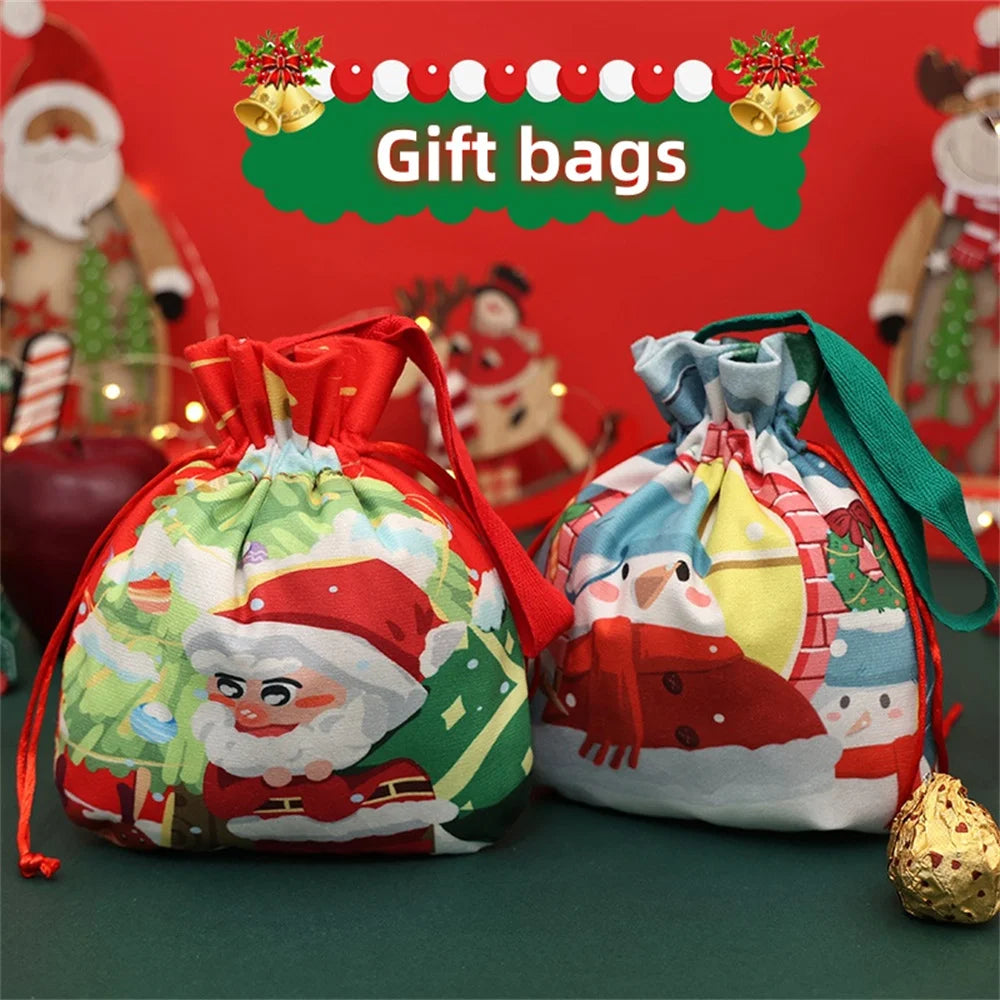 Christmas Cartoon Gift Bag with Handle Drawstring Pouch 2025 Xmas New Year Party Candy Snack Gift Packaging Storage Bags 1PCs