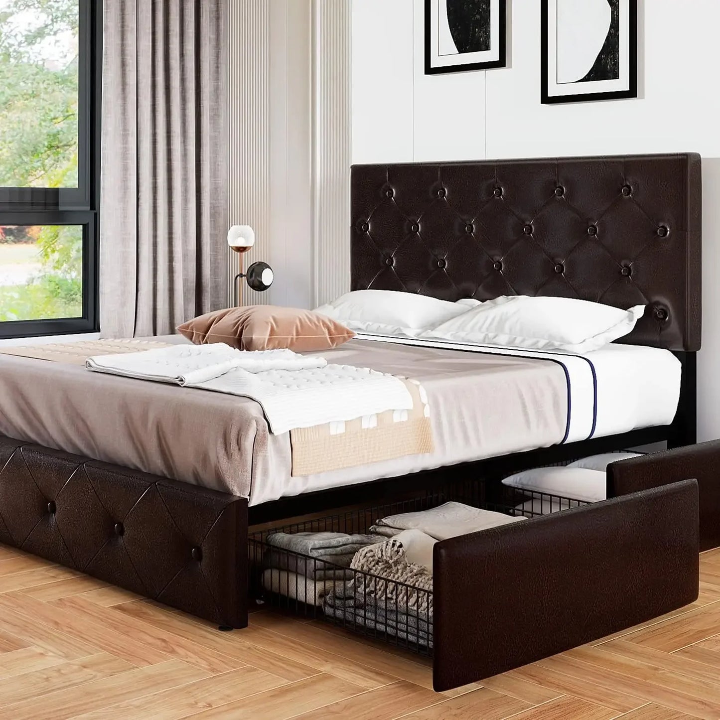 Upholstered Queen Size Platform Bed Frame with 4 Storage Drawers and Headboard,Square Stitched Button Tufted,Mattress Foundation