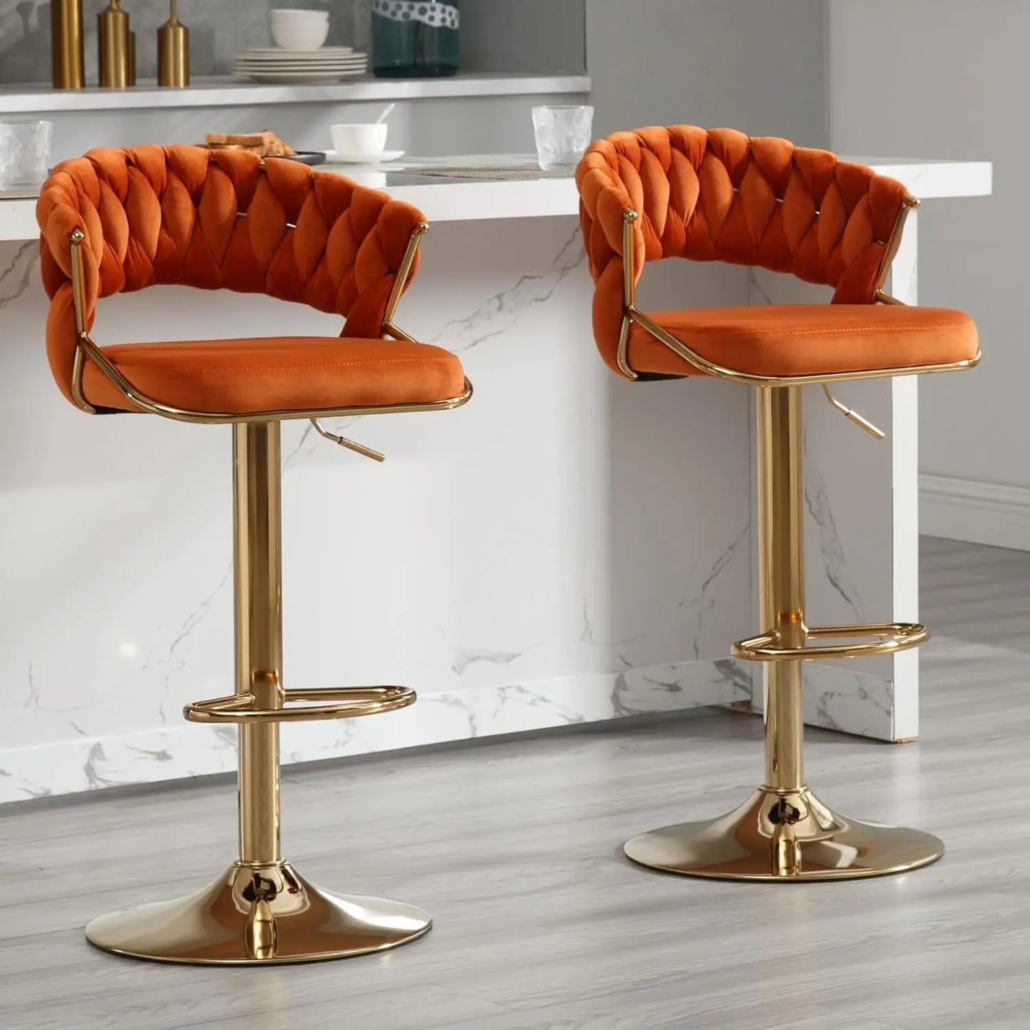 Swivel Bar Stools Set of 2, Velvet Adjustable Height Barstools Low Back Kitchen Island Counter with Golden Base Modern Bar Chair