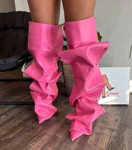 Pointed Toe Fold Knee High Boots Fashion Buckle Stiletto Heels Hot Pink Spring Sexy Girl Wrinkles Shoes Party Dress Shoes