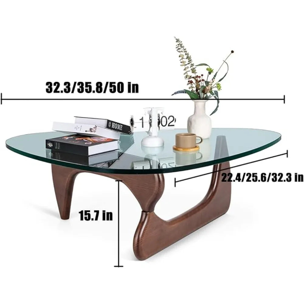 Triangle Coffee Table in Walnut Mid Century Modern Solid Wood Base and Triangle Clear Glass Coffee Table for Living Room