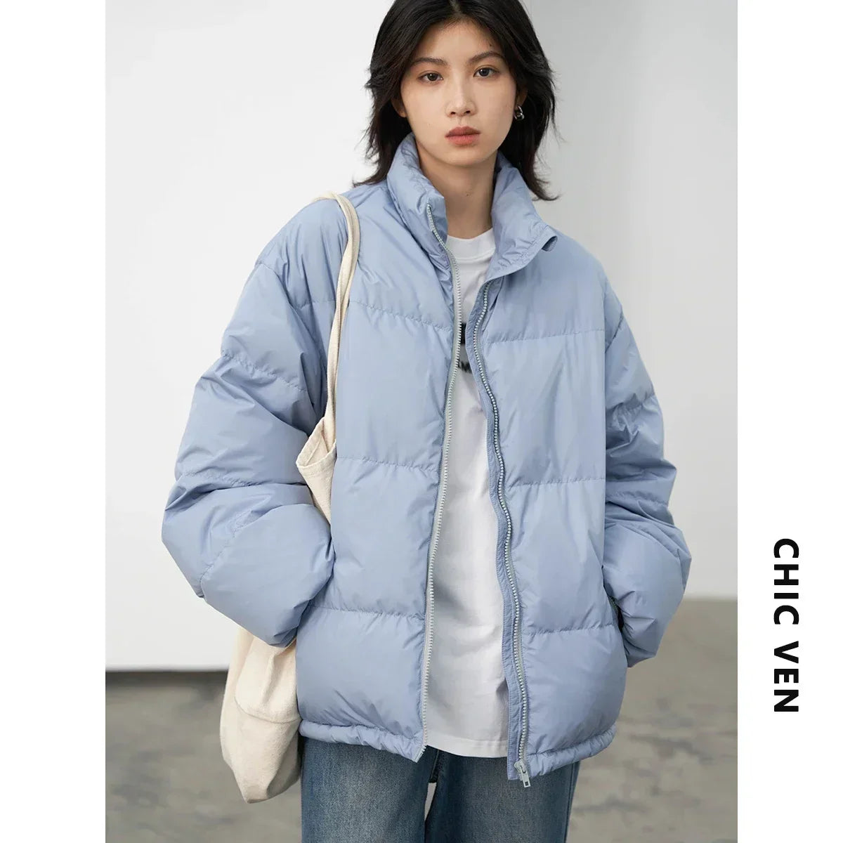 CHIC VEN Fashion Women's Bread Down Jacket Short 90 White Duck Down Thick Warm Down Coat for Woman 2024 Winter Loose Overcoat