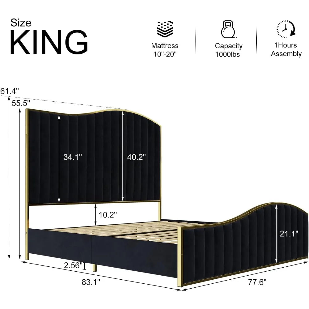 King Size Harp Bed Frame, Velvet Upholstered Platform Beds with 61.4" Vertical Channel Footboard/Wooden Slats, Bed Fram