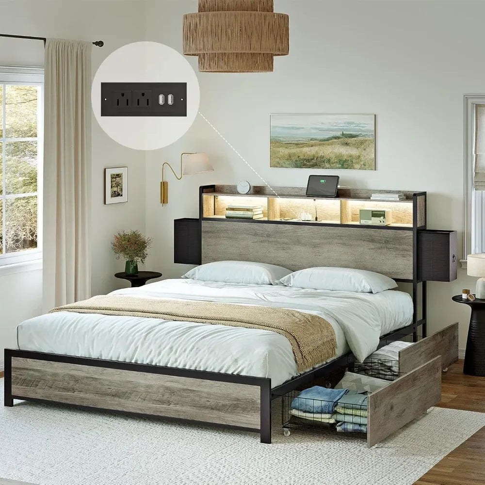 Full Bed Frame with Bookcase Headboard and 2 Drawers LED Lights Metal Platform Non-Slip Without Noise Strong Metal Slats Support