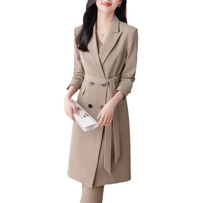 High end khaki color mid length trench coat for women's 2023 autumn/winter new commuting temperament trench coat suit for women'