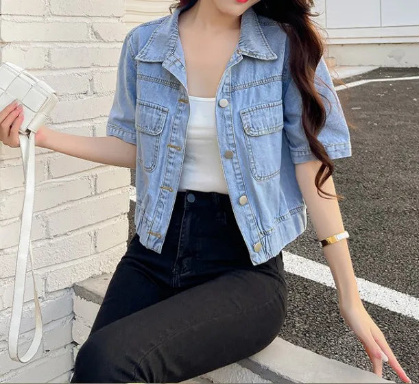 Jaqueta Jeans Feminina Short Sleeve Denim Coat Lapel Double Pocket Chaqueta Mujer Y2k Shirt Crop Jean Jacket Vintage New