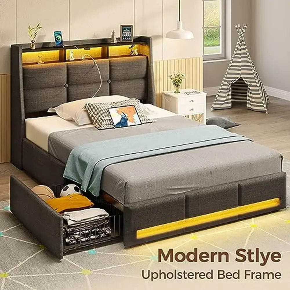 Twin Size Bed Frame with LED Lights USB Charging Station Sliding Drawers Grey Linen Storage Shelf