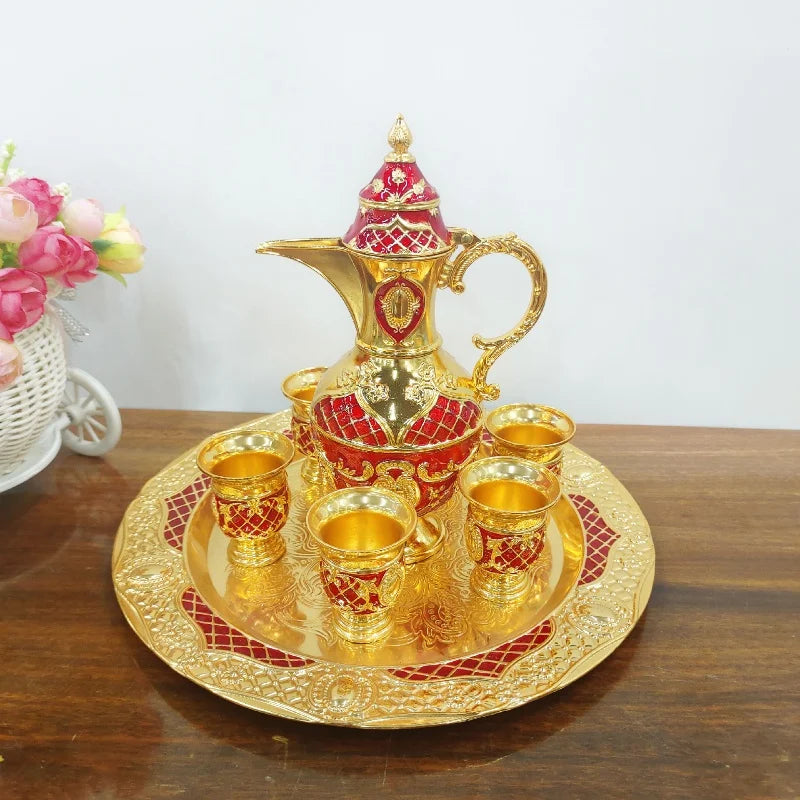 Turkish Tea Set Retro Coffee Cup Set Long Spout Wine Set Wine Pot with Teapot Tea Tray 6 Metal Cups Home Tea Table Decoration