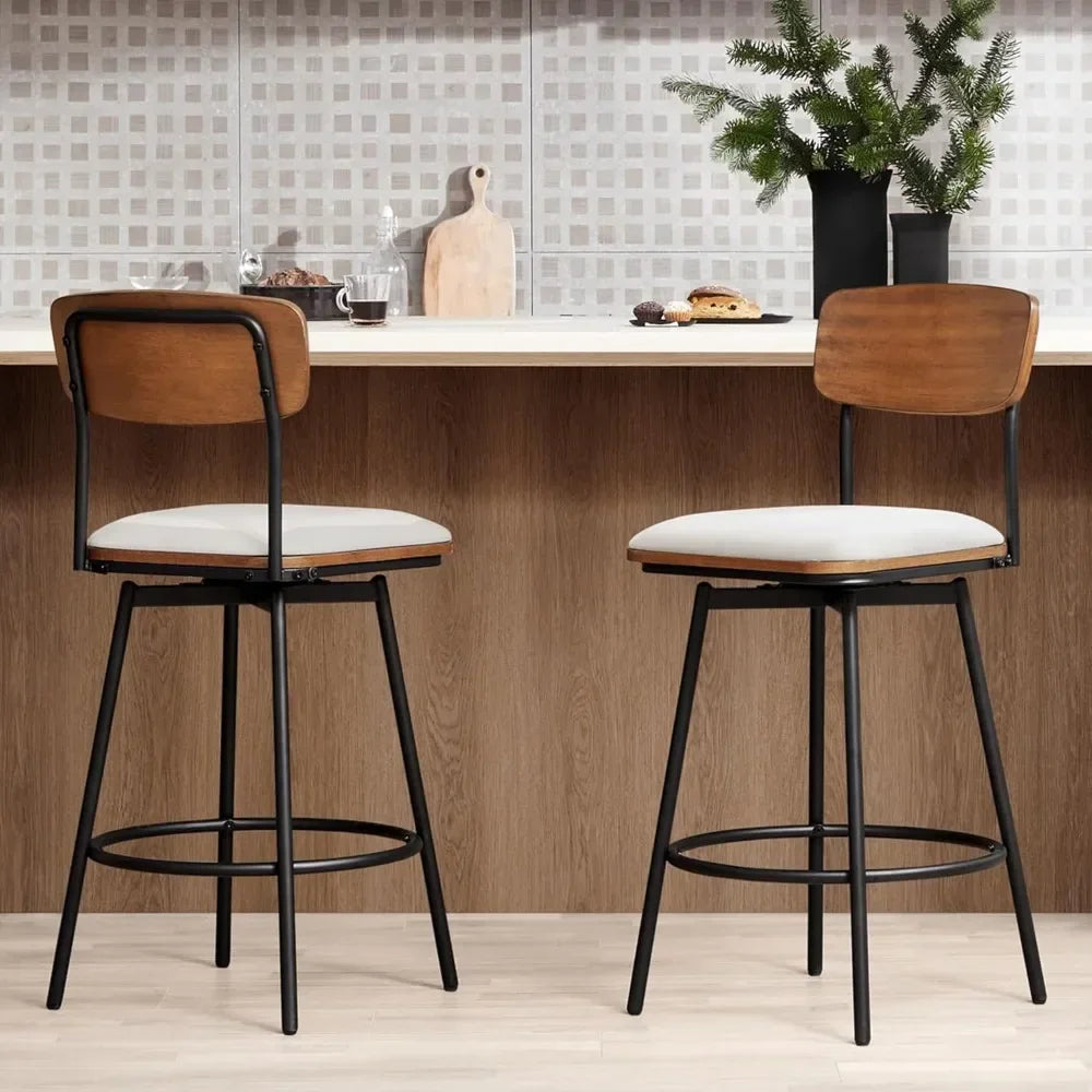 Swivel Counter Height Bar Stools with Back, Fabric Upholstered Barstools 27" Seat Height, Metal & Wood Frame Set of 2