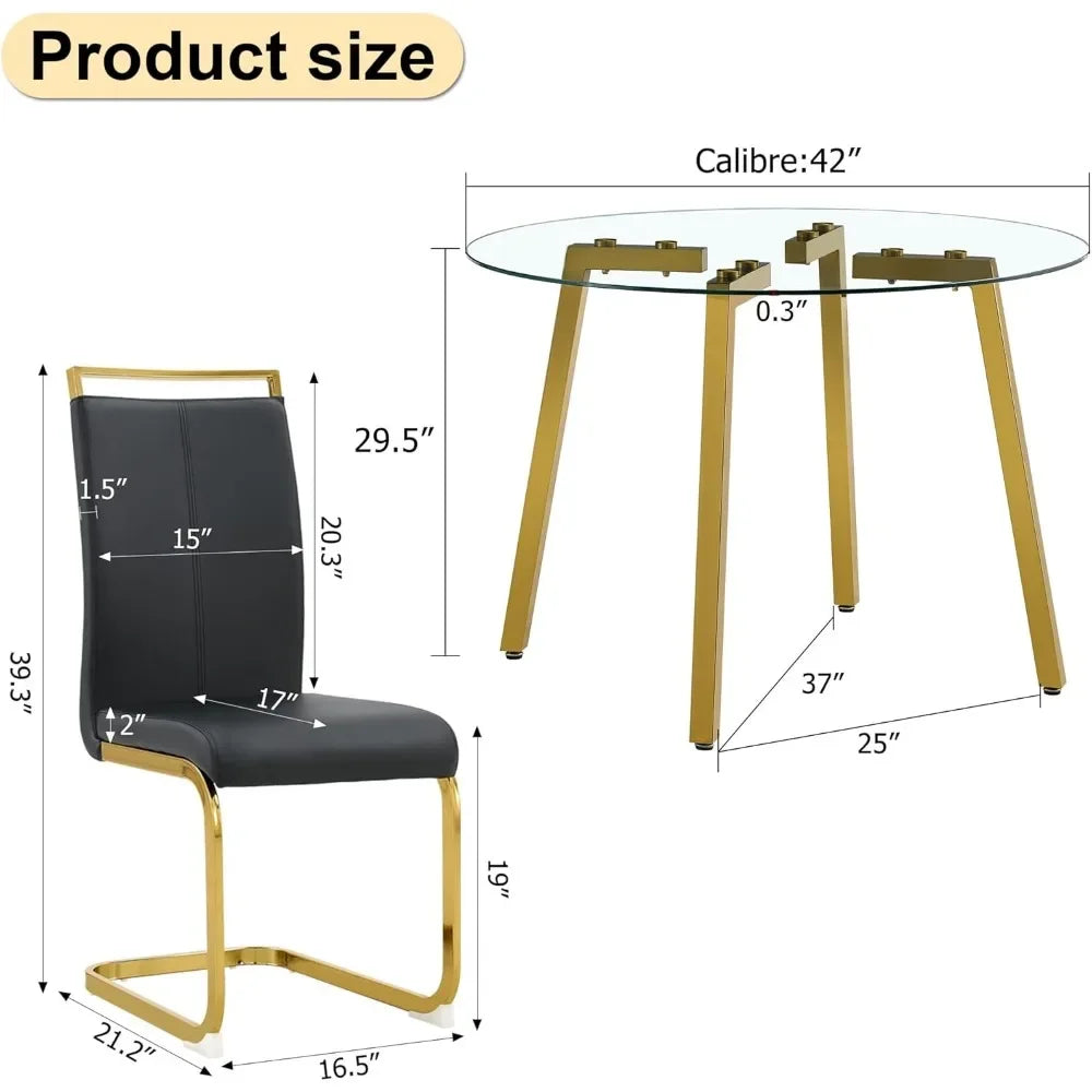 42”Round Dining Table Set for 4,Tempered Glass Table Top,Kitchen Room Table with 4 Black Armless Chairs,Suitable for restaurants