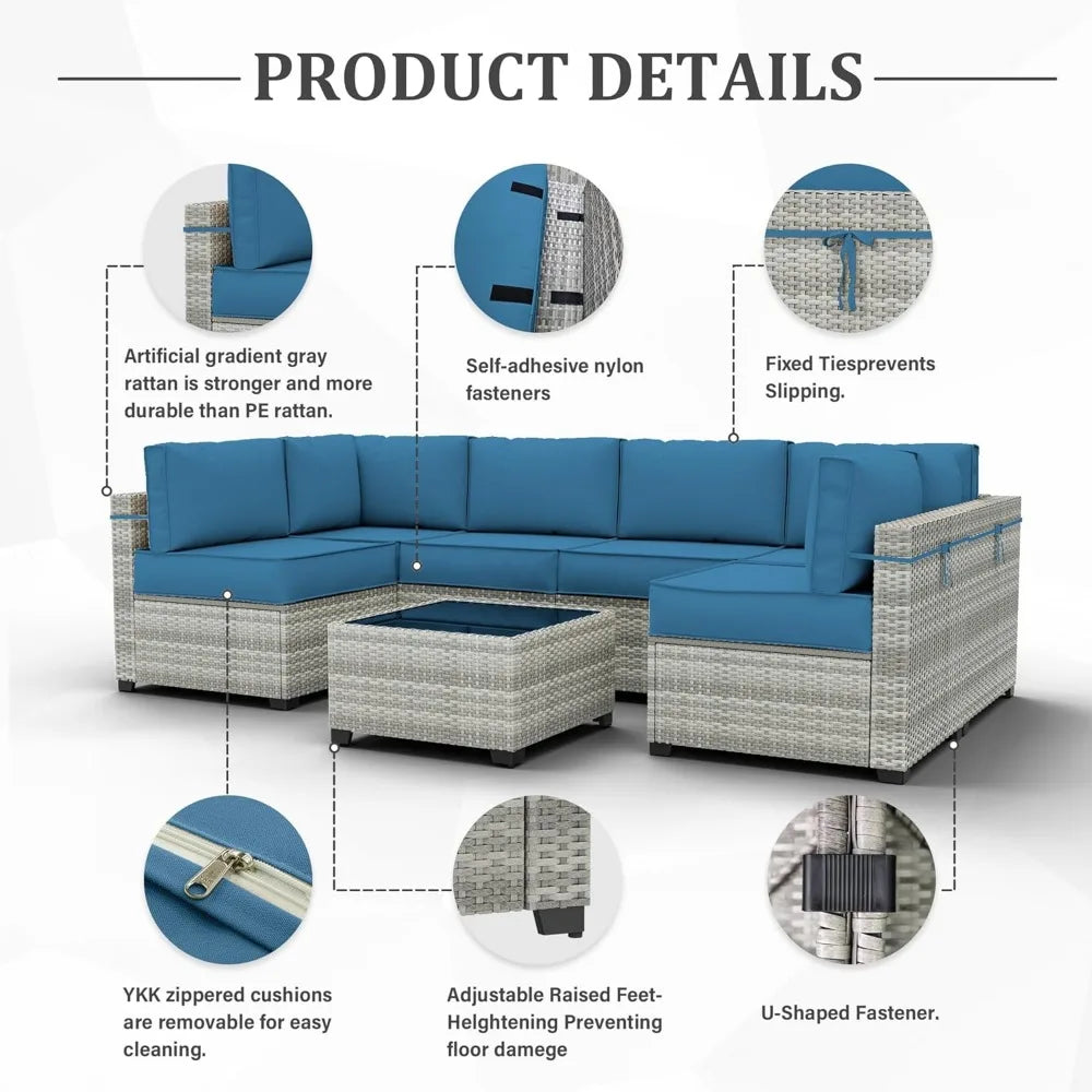 7-Piece Outdoor Patio Furniture Set, Gradient Wicker Sectional Sofa, Wicker Patio Conversation Set, Garden Furniture Sets