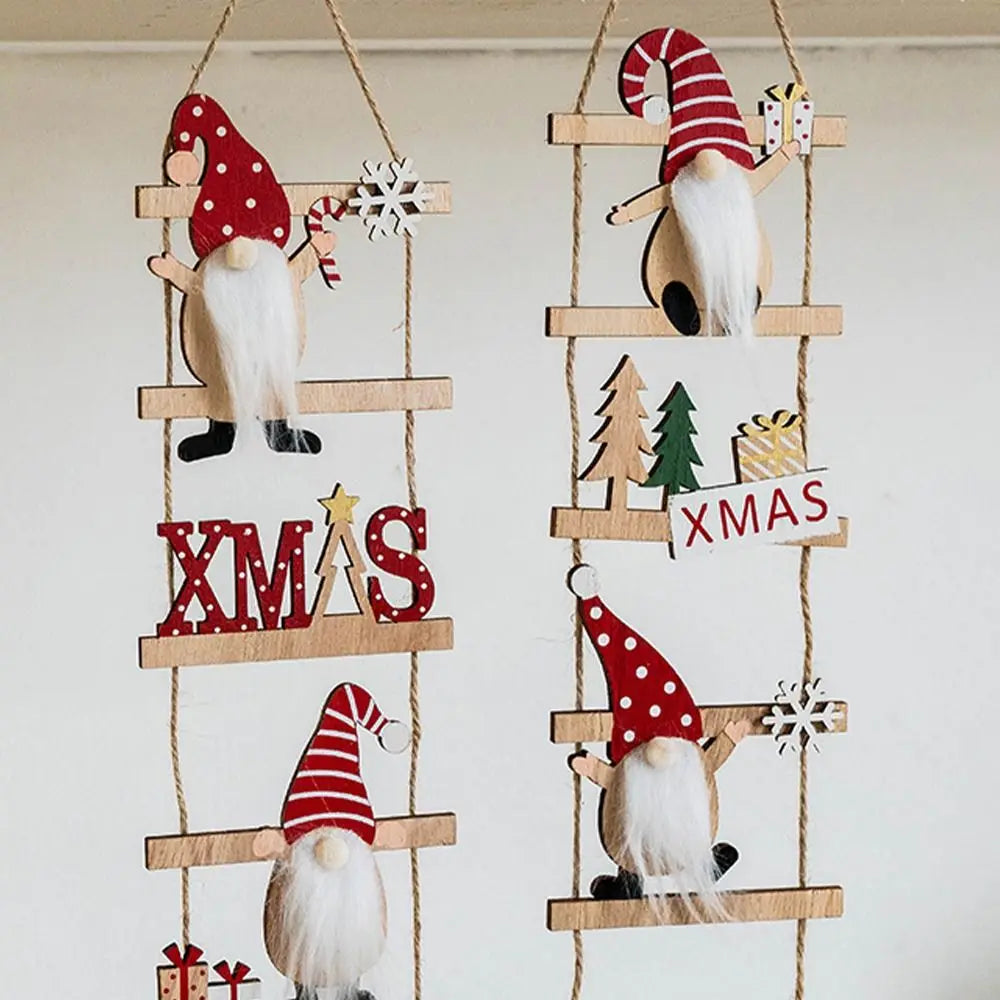 Cartoon Climbing Ladder Santa Claus Pendants with Bells DIY Christmas Wooden Hanging Tree Festive Merry Christmas Decor