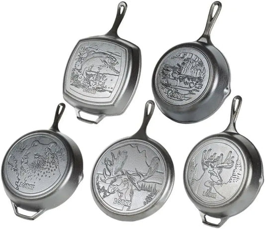 Series - Seasoned Cast Iron Cookware. Wildlife Scenes. 5 Piece Iconic Collector Set Includes 8 inch Skillet, 10.25 inch Skillet