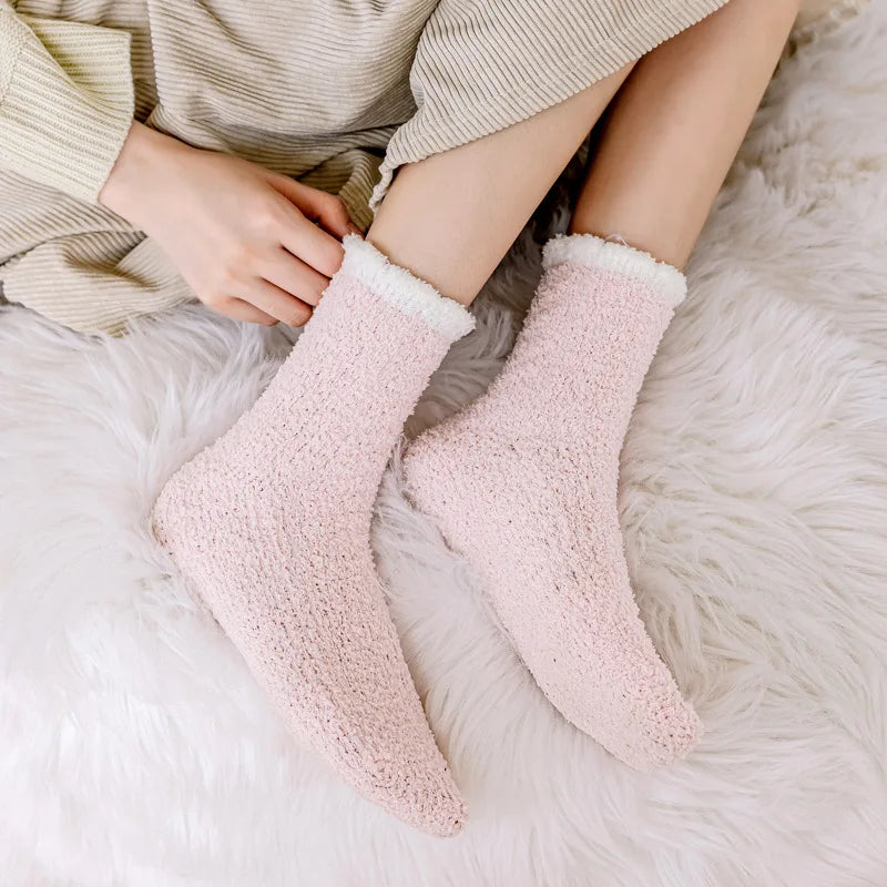 1 Pair Women Winter Warm Fluffy Fuzzy Socks Thick Thermal Soft Kawaii Mid Socks Coral Fleece Home Floor Sleep Fluffy Socks