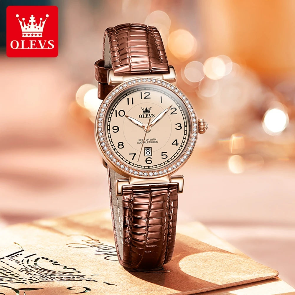 OLEVS Brand New Fashion Diamond Quartz Watch for Women Luxury Leather Strap Waterproof Luminous Hands Calendar Womens Watches