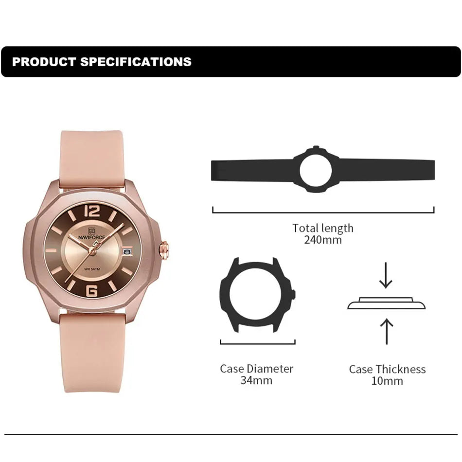 NAVIFORCE Luxury Watch Women's Quartz Watches Ladies Simple Style Silicone Strap Wrist Watch Waterproof Watches Reloj Mujer