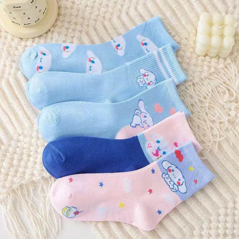 Kawaii Cute Sanrio Cinnamoroll Mid-Tube Socks Blue Combed Cotton Socks Candy Color Breathable Comfortable Girls Christmas Gift