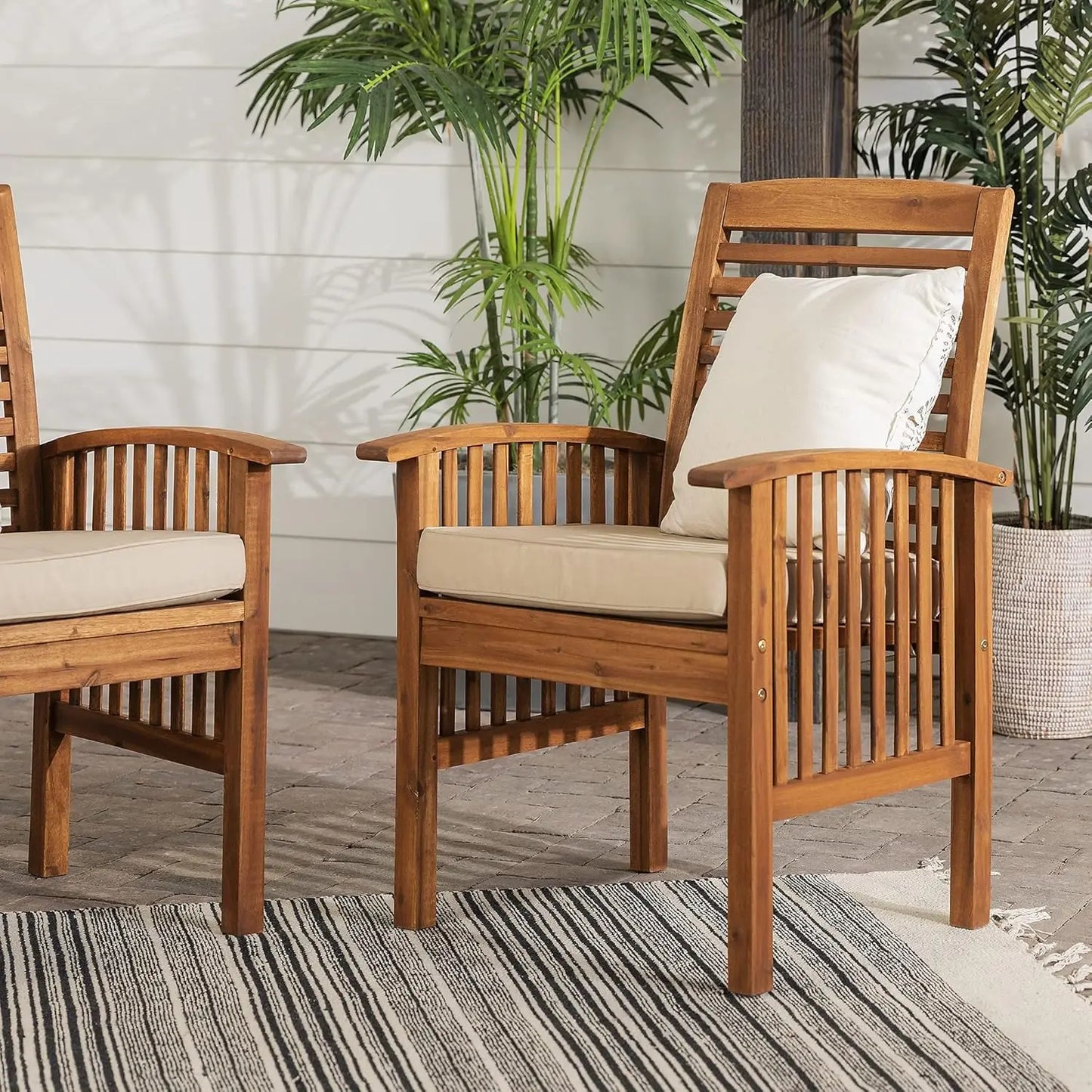 Rendezvous Modern 2 Piece Solid Acacia Wood Slat Back Outdoor Dining Chairs, Set of 2, Brown