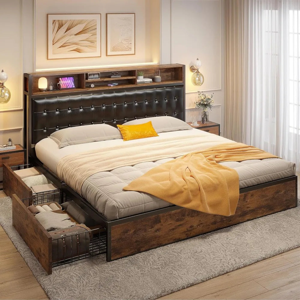 King Size Bed Frame with 4 Storage Drawers King Bed Frame and Headboard UpholsteredKing Size Bed Frame with Storage