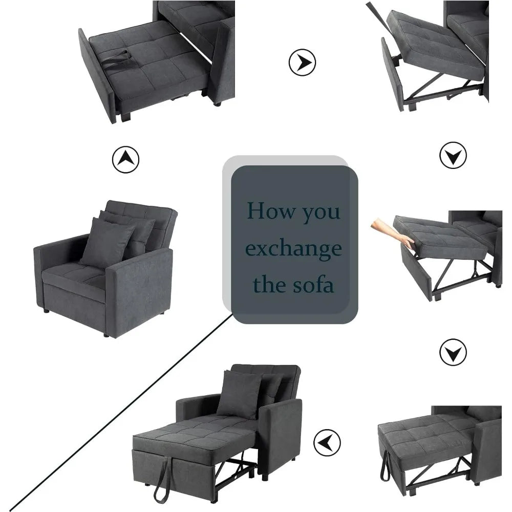 Sofa Bed Chair 3-in-1 Convertible, Lounger Sleeper, Single Recliner for Small Space with Adjustable Backrest (Dark Grey)