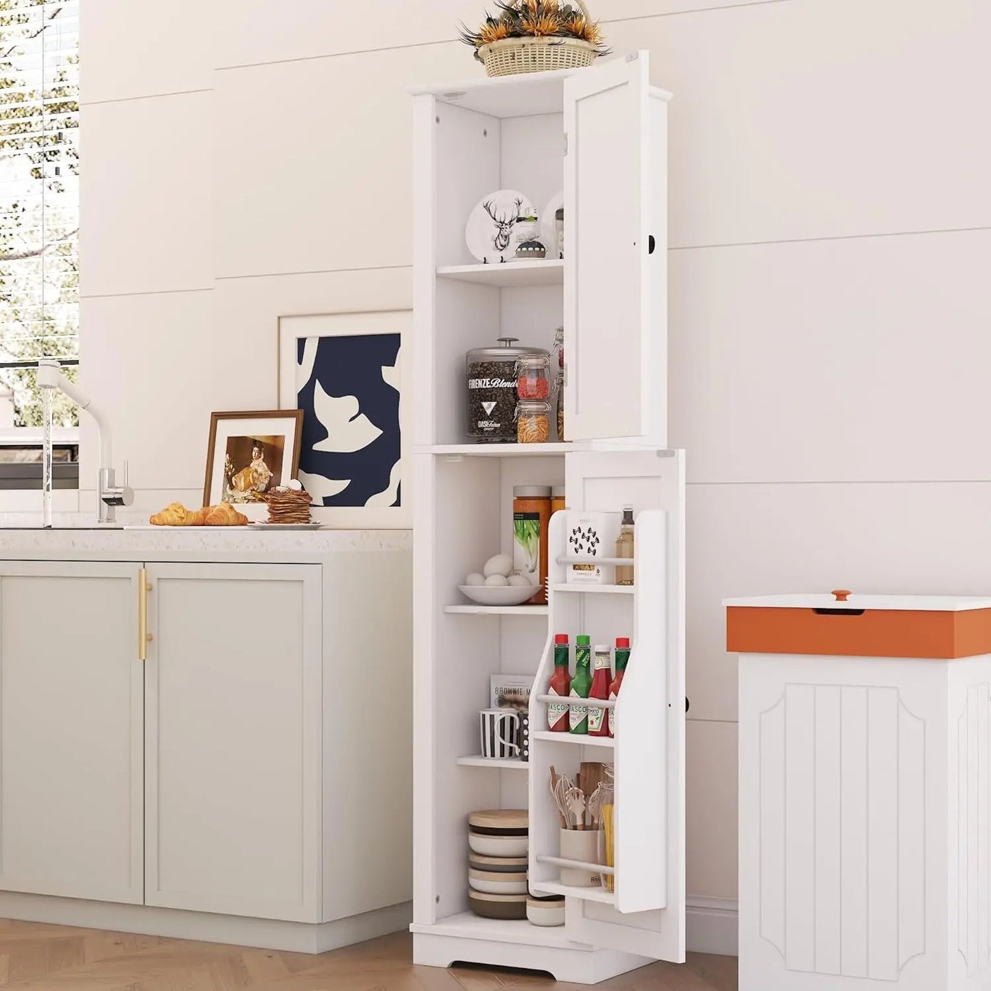 Tall Bathroom Storage Cabinet, 64" Slim Kitchen Pantry with Door Storage, Narrow Wood Freestanding Cabinets with Adjustable