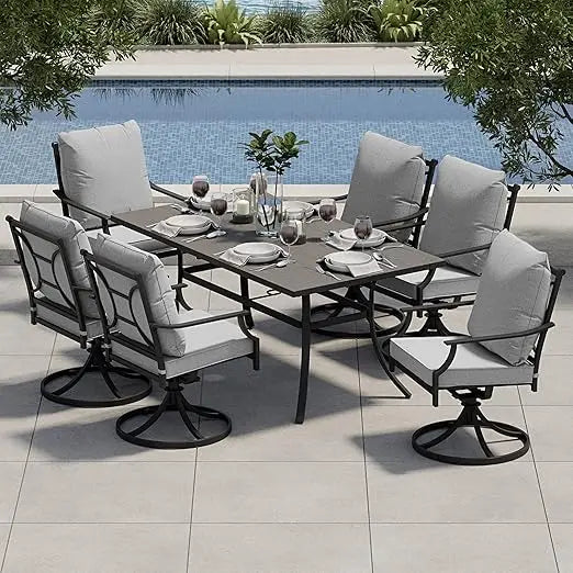 7-Piece Patio Dining Set, Outdoor Dining Sets Swivel Patio Dining Chairs with Olefin Cushions ,Rectangular Faux Woodgrain Table