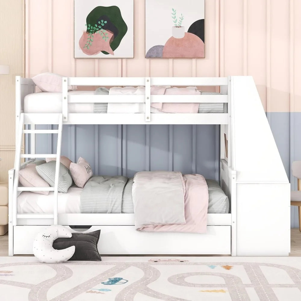 Bunk Beds ,with Trundle and Desk with Three Storage Drawers and One Shelf for Kids Boys Girls Teens, Wood Bunk Bed Frame