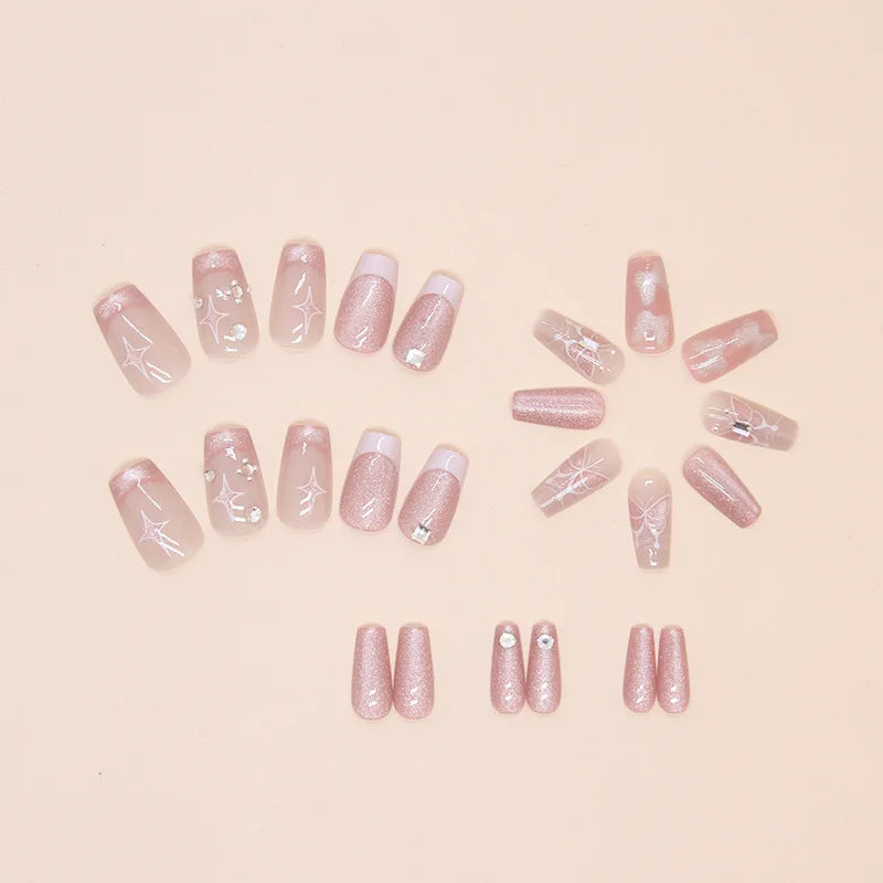 24pcs French Cat's Eye Butterfly Cute Removable Press on Nails Glossy Summer Medium Long Korean Sweet Acyrlic False Nails Square