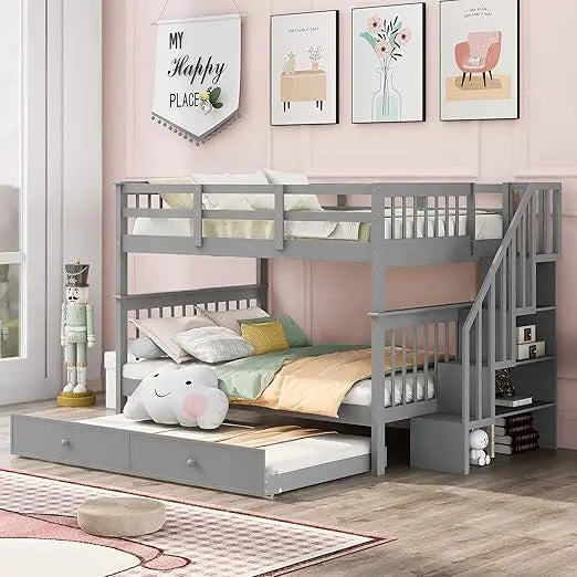 Bunk Bed ,with Stairs and Trundle,with Storage, for Kids Teens Adults ,Wooden Bunk Bed Frame