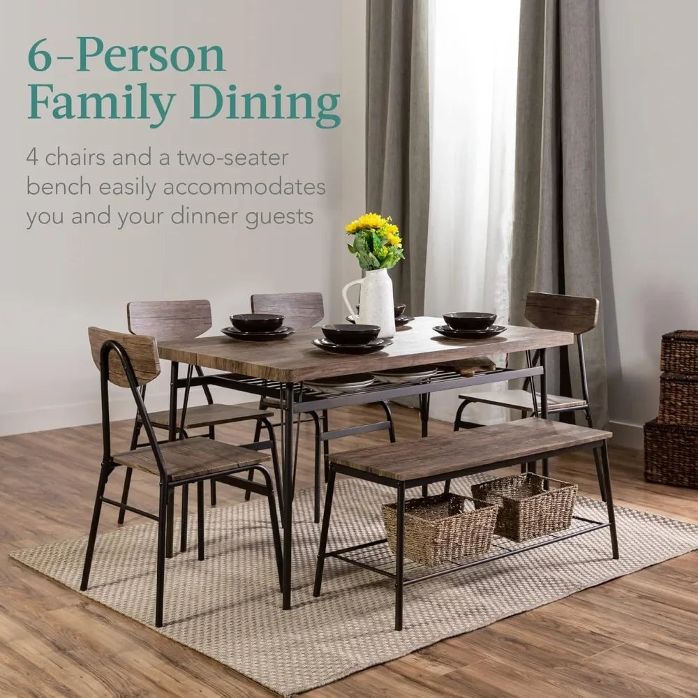 6-Piece 55in Modern Dining Set f w/Storage Racks, Rectangular Table, Bench, 4 Chairs Home, Kitchen, Dining Room