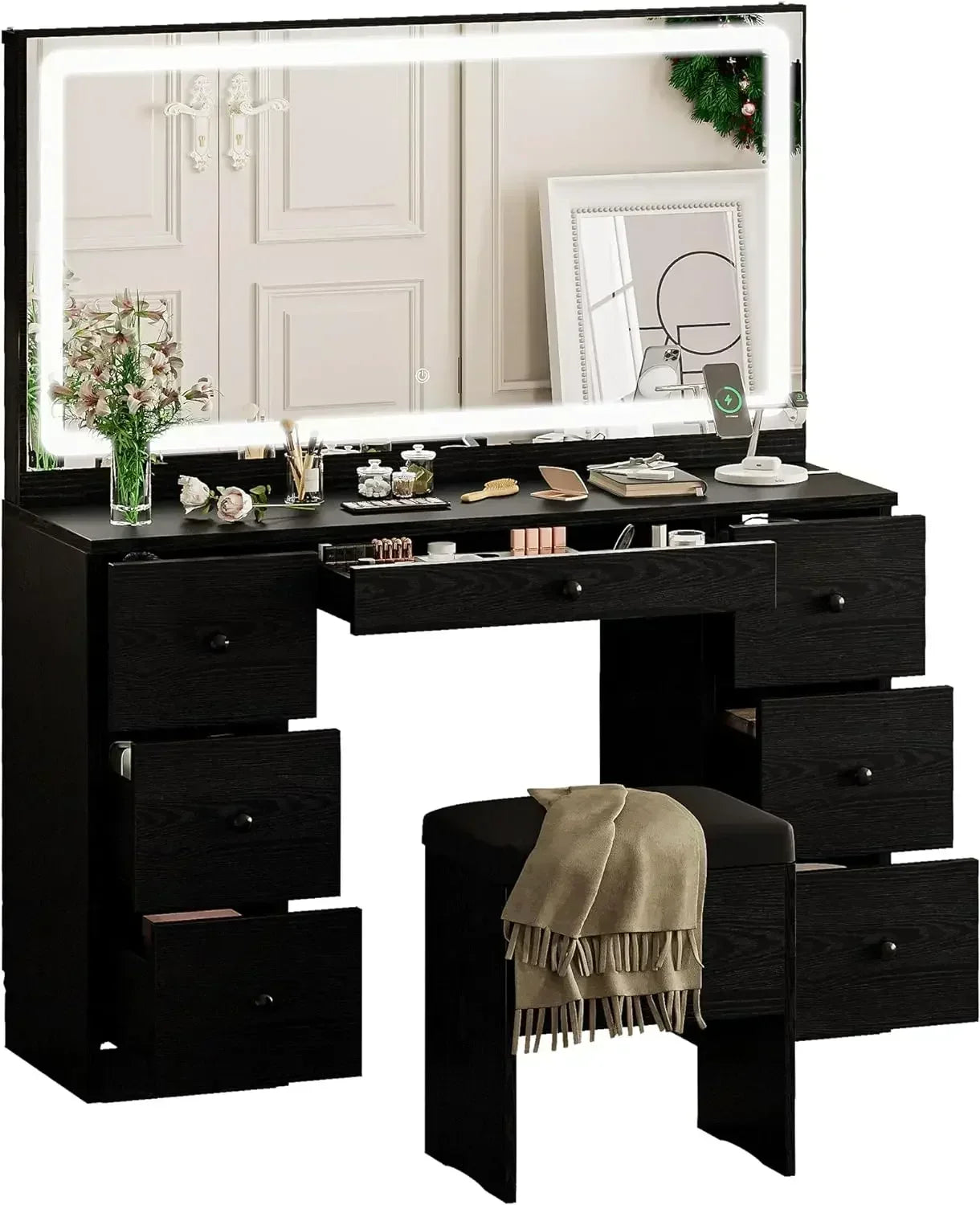 Vanity Desk Set with LED Lighted Mirror & Power Outlet, Makeup Vanities Dressing Table  for Bedroom with Stool 7 Drawers