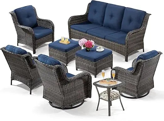 Wicker Patio Furniture Sets, with 3-Seat Sofa, 2Swivel Rocking Armchairs, 2 Armchairs,8 Piece Outdoor Furniture Conversation Set