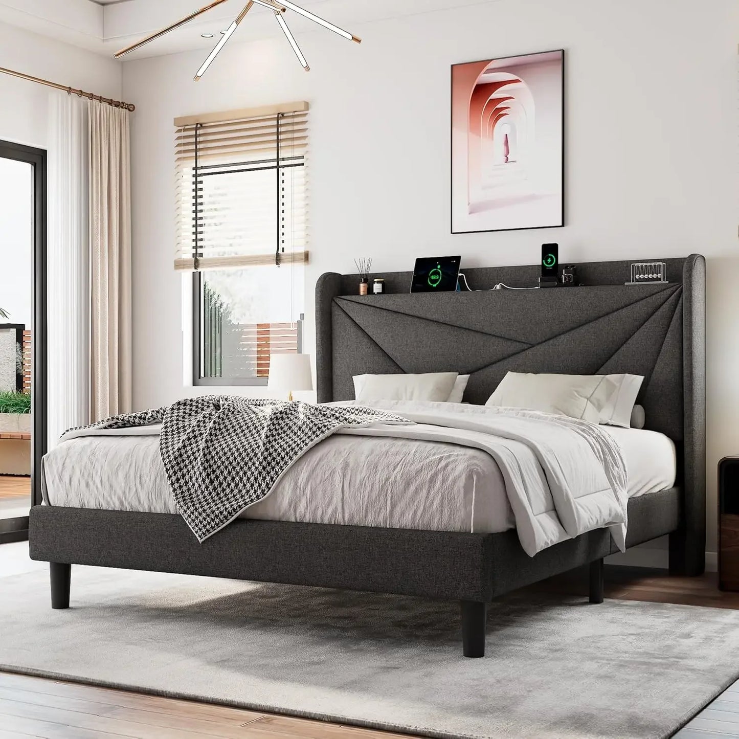 Full Size Upholstered Bed Frame with Charging Station, Platform Bed Frame with Storage Headboard, Solid Wood Slats Support