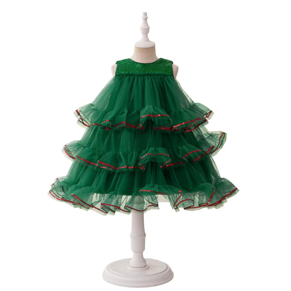 Christmas Green Lace Party Dress For Baby Girls Lace Fluffy Christening Dresses Girl Festival Carnival Costumes Kids Halloween