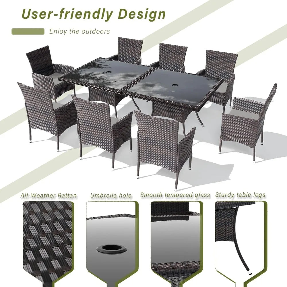 10 Pieces Patio Dining Set, with 2 Square Glass Tabletops 8 Chairs with Grey Cushions, Outdoor Rattan Furniture Dinning Set