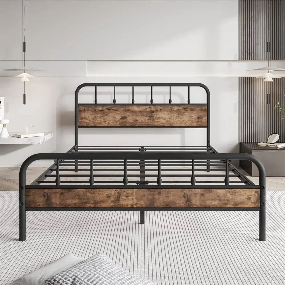 Black Queen Bed Frame with Headboard,Metal Platform Bed Frames,No Box Spring Needed,Easy Assembly Rustic Brown