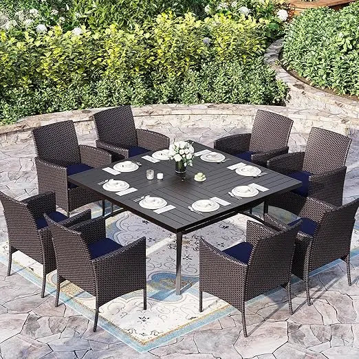 9 Pieces Patio Dining , 60" Large Square Patio Table and Rattan Chairs Set,able Set for Outside, All Weather Outdoor Dining Set