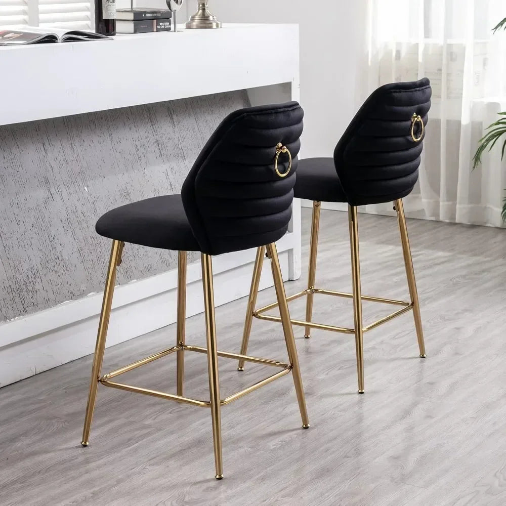 26” Bar Stool, Set of 4, Velvet Seat Cushion with Back and Foot Upholstery with Ring Pulls, for Kitchen Island, Dining Chair