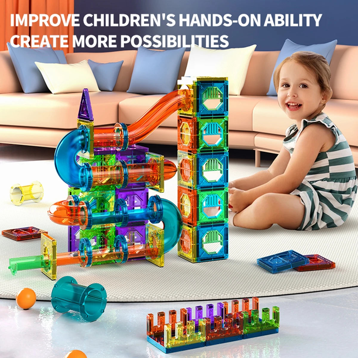 Light Magnetic Tiles Building Blocks for Kids, 3D Clear Educational STEM Building Toys, Magnetic Marble Run Blocks Toys for Kids