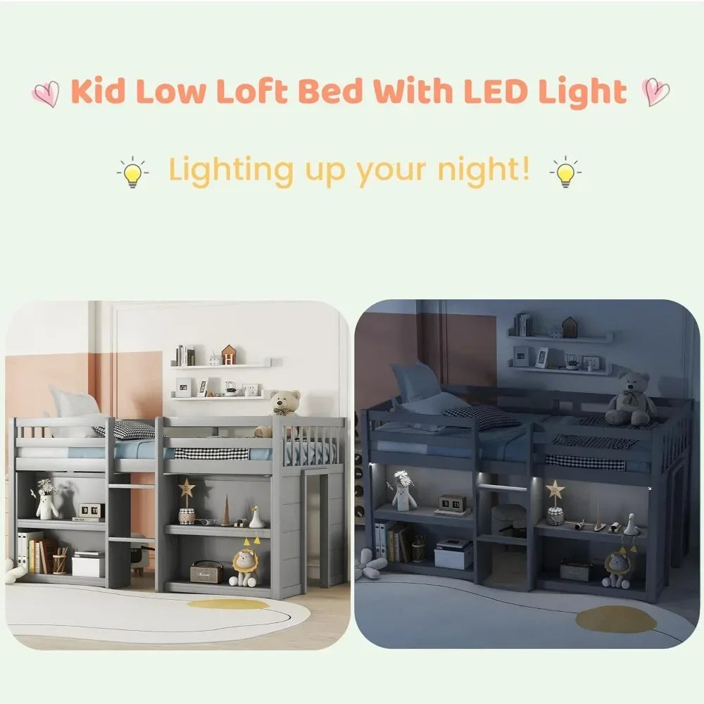 Twin Size Low Loft Bed with Storage Shelves, Wood Kids Twin Loft Bed with LED Light and Shelves, Low Loft Bed for Kids