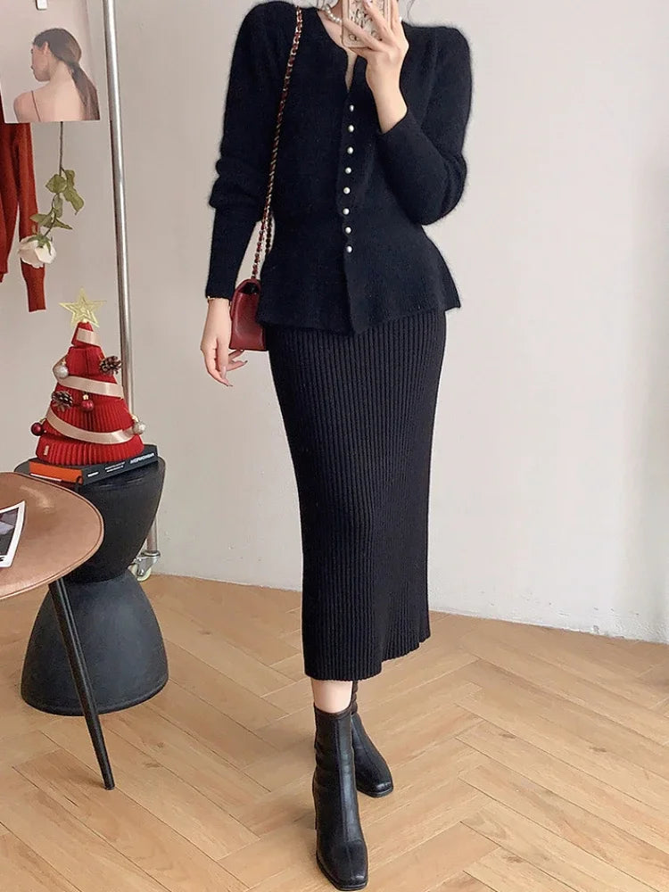 Two Piece Sets Womens Outifits Autumn/Winter Solid Single Breasted Knitted Cardigan Sweater Skirt New Two Piece Set Skirt Sets