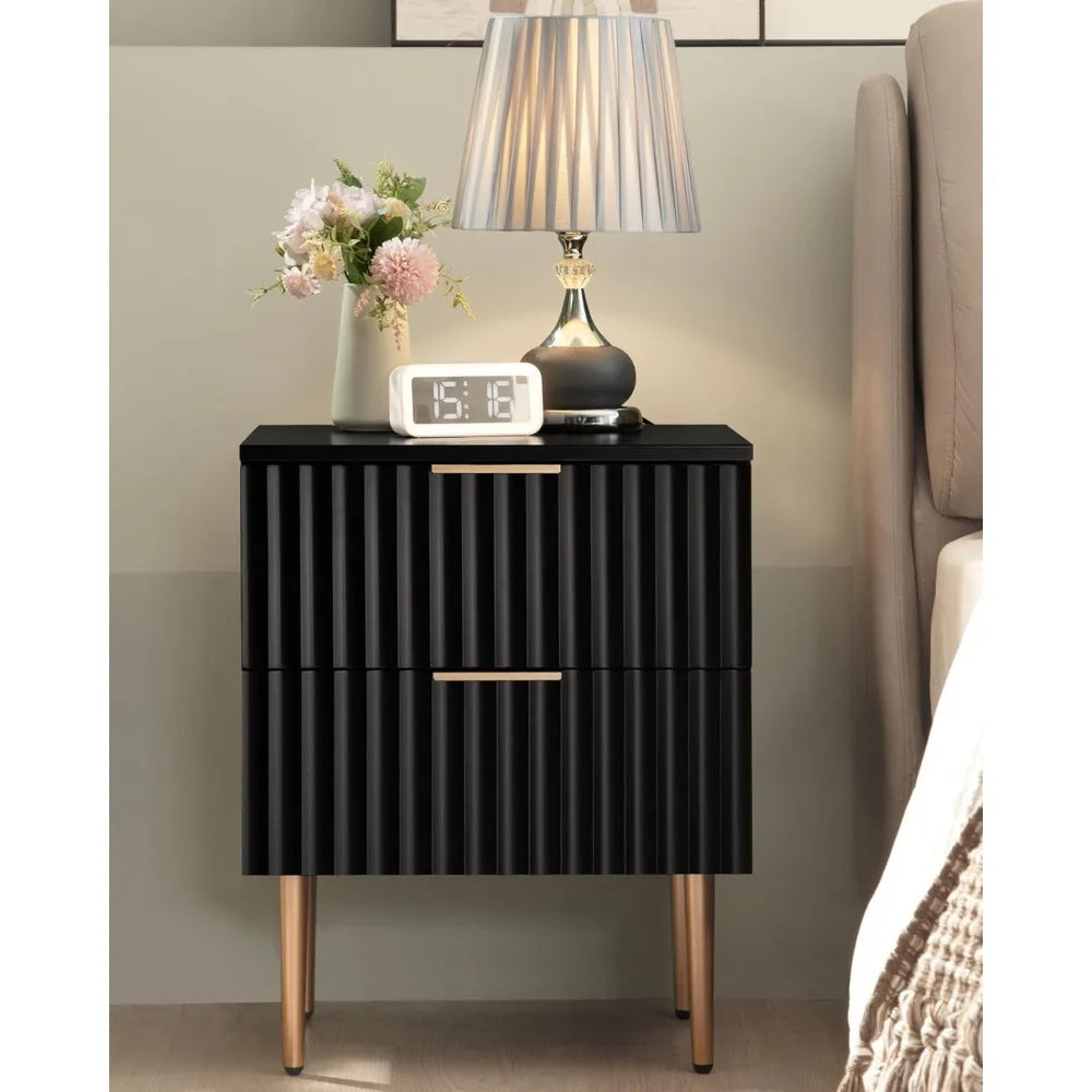 Wide Fluted Nightstand With 2 Drawers Nightstands Bedroom Bedside Tables End Side Table With Golden Metal Legs and Handles Night