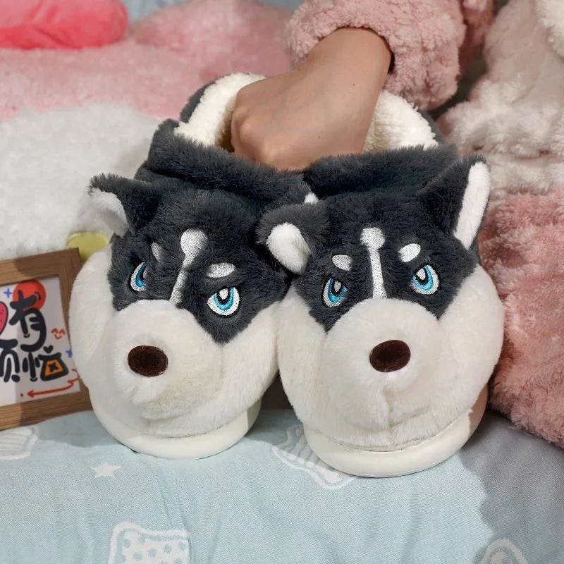 Women Indoor Cotton Slippers Cute Cartoon Dog Winter Warm Shoes Couples Home Floor Slides Anti-slip  Female Male House Footwear