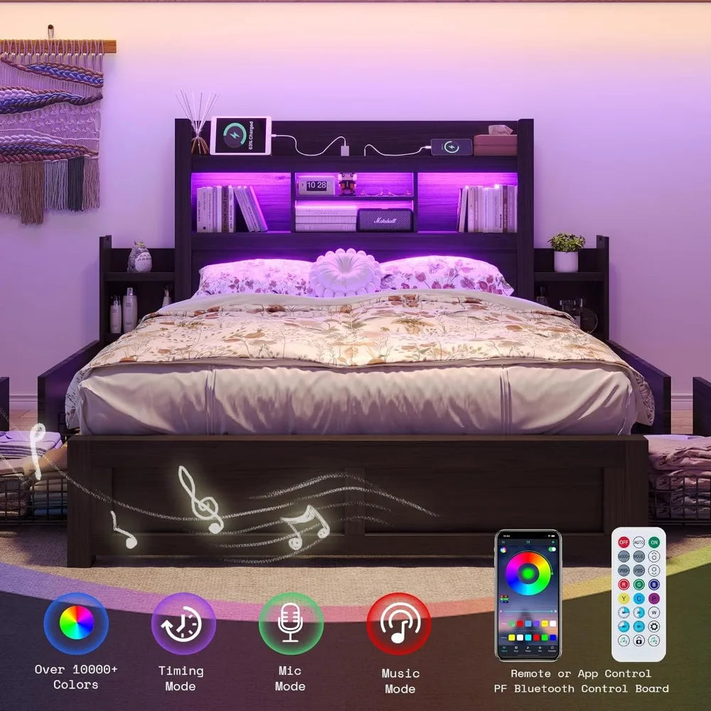 Queen Bed Frame with Bookcase Headboard & 2 Bedside Stoage Racks & 4 Drawers, Wood Bed Frame with RGB LED & Charging Station