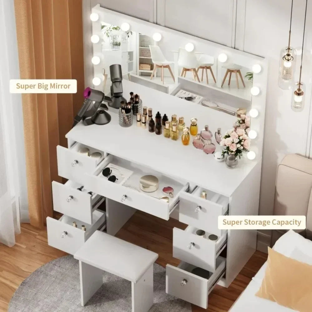 Vanity with Lighted Mirror - Makeup Vanity Desk with Power Outlet and 7 Drawers, 3 Color Lighting Modes Adjustable Brightness