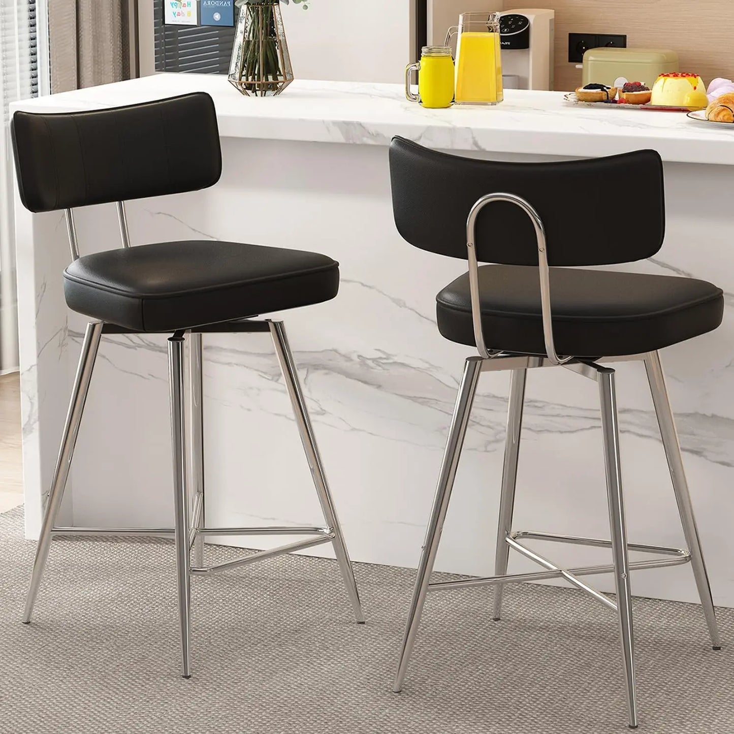 Swivel Bar Stools Set of 2, 26" Modern Counter Height Barstools, Leather Kitchen Stools with Back Footrest Metal Legs Bar Chairs