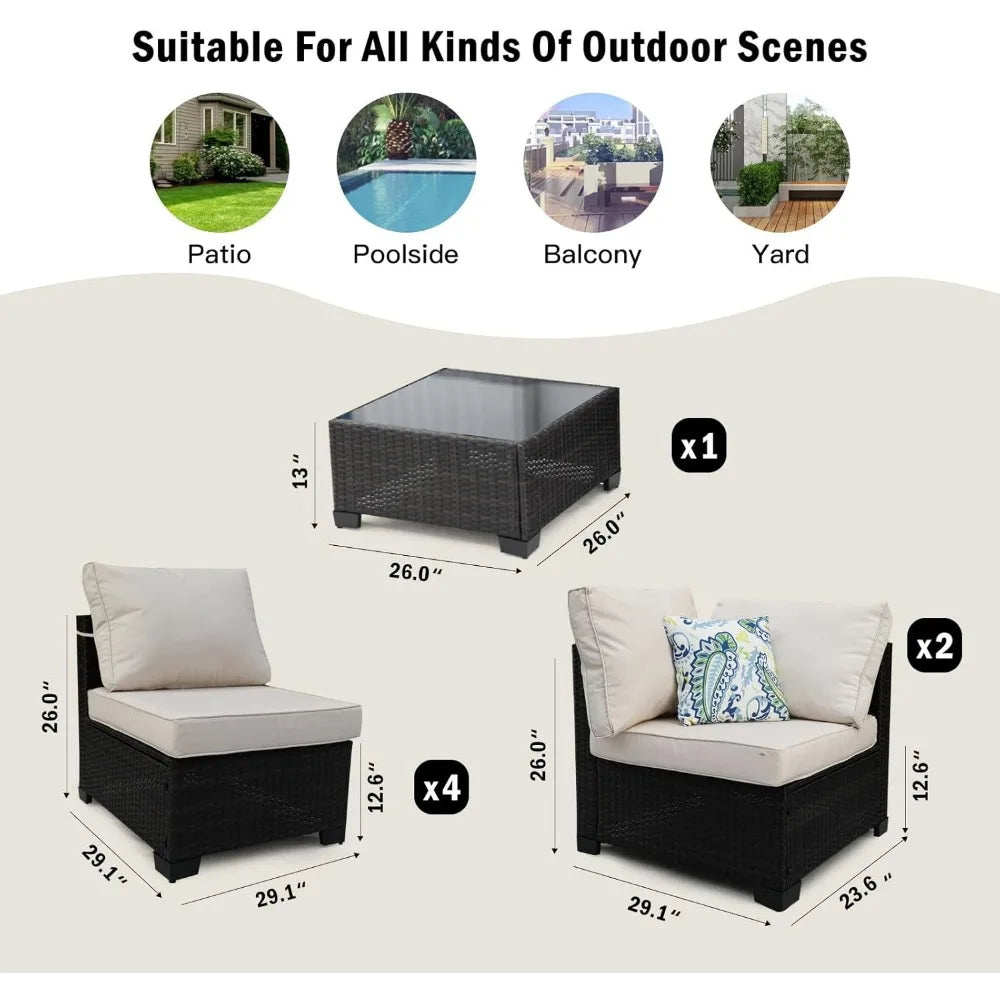 7 Pieces Outdoor Rattan Furniture Set, Conversation Sets with Cushion for Balcony Lawn and Garden, Garden Furniture Sets