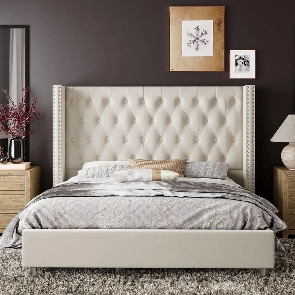 King Bed Frame Upholstered Bed Wingback Headboard Velvet Tufted Diamond Button/No Box Spring Needed/Easy Assembly/Cream Beds