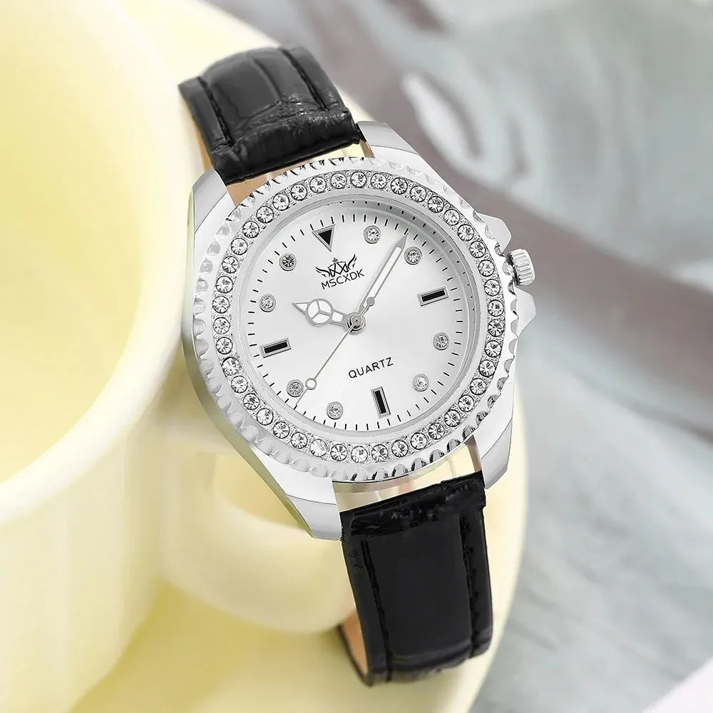 2PCS Set Women Fashion Casual Leather Belt Watches Glasses Ladies Rhinestone Dial Quartz Wristwatches Dress Clock Montre Femme