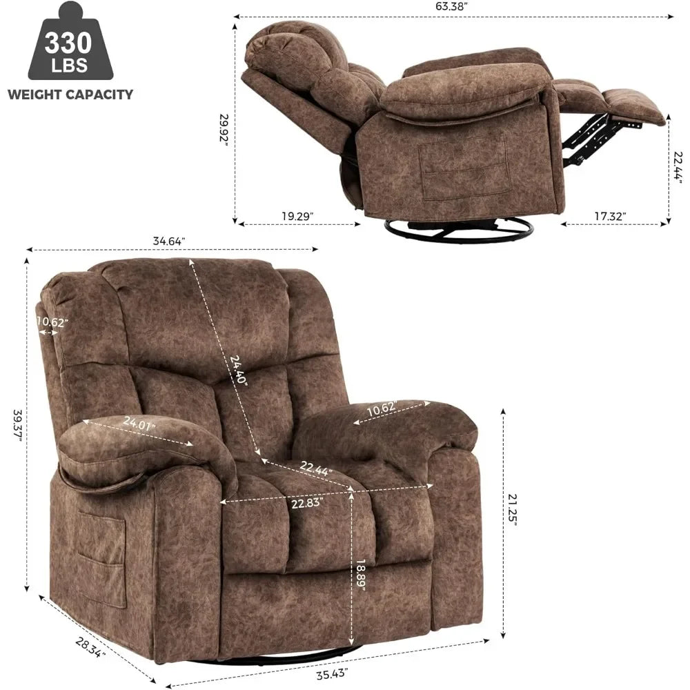 360°Swivel Vibrating Massage Fabric 22.8in Wide Recliner Chair with USB Port for Adults Living Room,Brown,Living Room Chairs